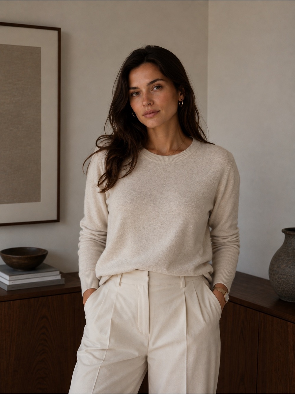 Banana Republic Forever Sweater Cream Cotton Rayon Crew Neck Size M